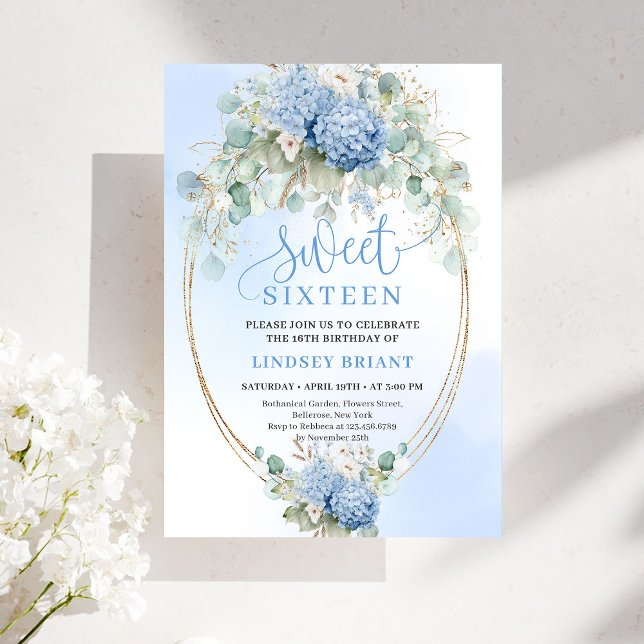 Invitation pour un Sweet Sixteen Hydrangea Bleu Nu (Digital Blue Hydrangea Gold Sweet Sixteen Invitation)