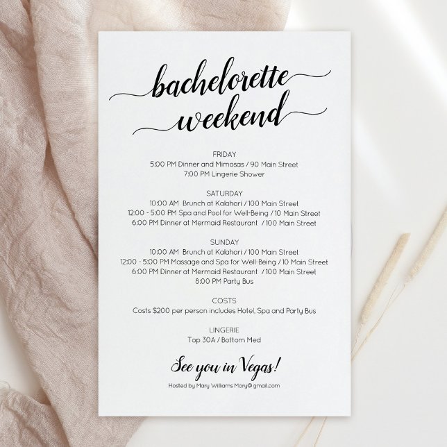 Invitation pour un week-end élégant de célibataire (Elegant Bachelorette Weekend Itinerary Invitation)