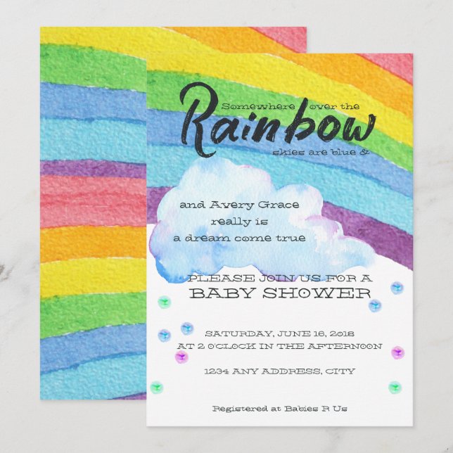 Invitation pour une Baby Shower Arc-en-ciel (Devant / Derrière)