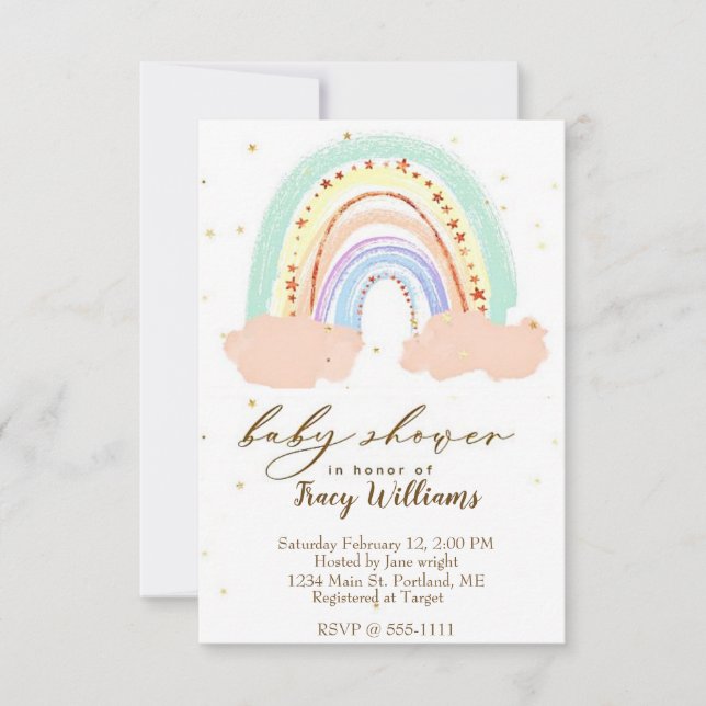 Invitation pour une baby shower arc-en-ciel et éto (Devant)