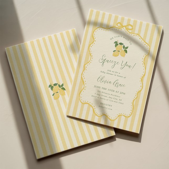 Invitation pour une Baby Shower au Citron - Impati (Featuring soft butter yellow stripes, a whimsical bow frame, and elegant dark green typography)