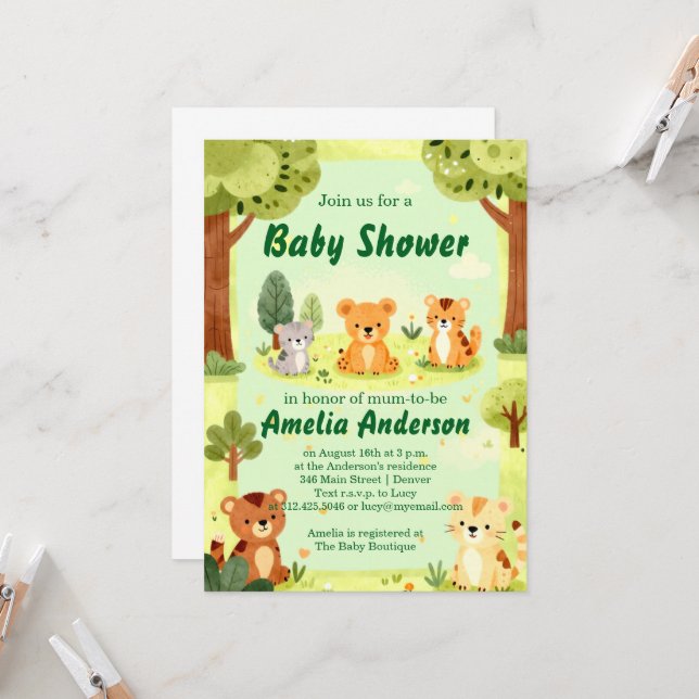 Invitation pour une baby shower avec des animaux m (Devant/Arrière en situation)