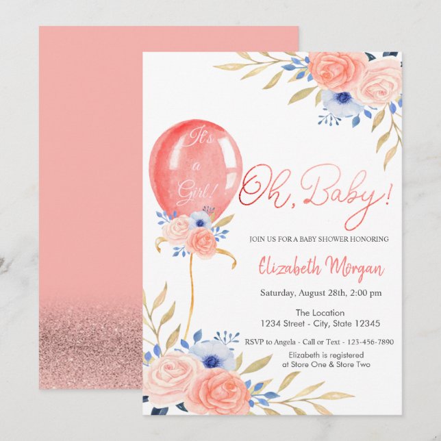 Invitation pour une baby shower avec des fleurs en (Devant / Derrière)