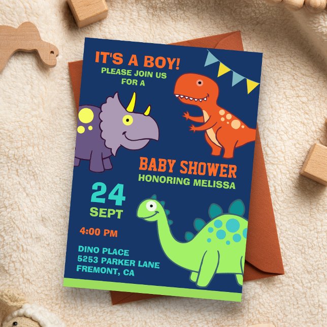 Invitation pour une baby shower avec un bébé dinos (Créateur téléchargé)