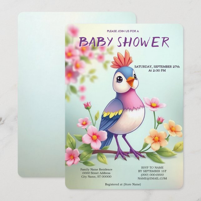 Invitation pour une baby shower avec un joli oisea (Devant / Derrière)