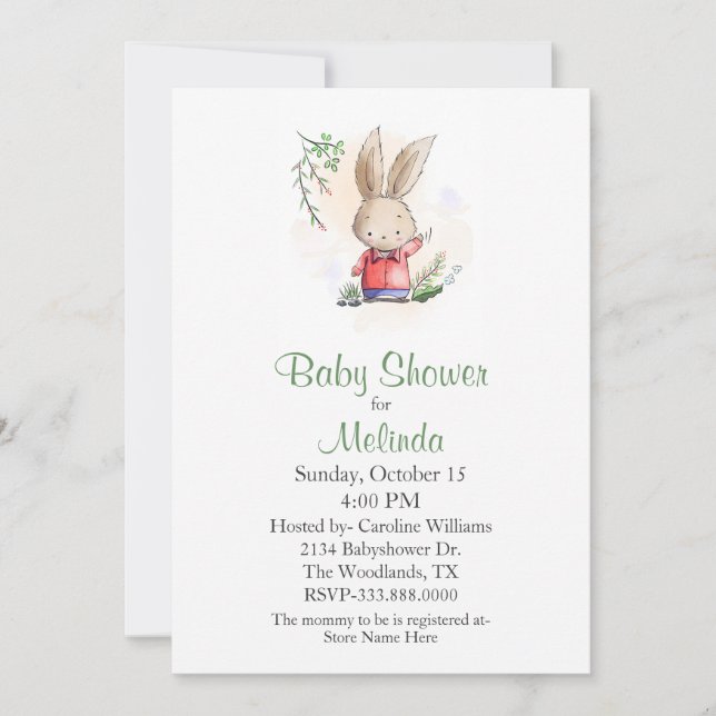 Invitation pour une baby shower avec un lapin mign (Devant)