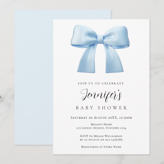 Invitation pour une baby shower avec un nœud bleu (Devant / Derrière)