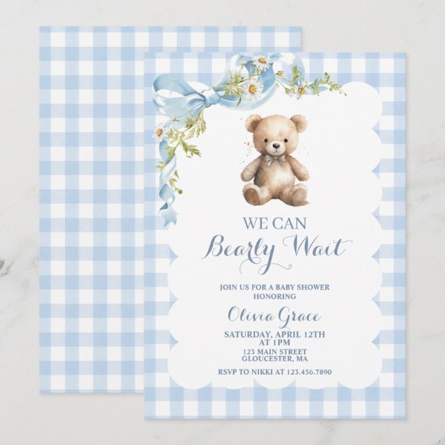 Invitation pour une baby shower avec un ours en pe (Devant / Derrière)
