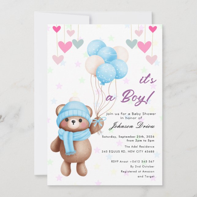 Invitation pour une baby shower avec un ours en pe (Devant)