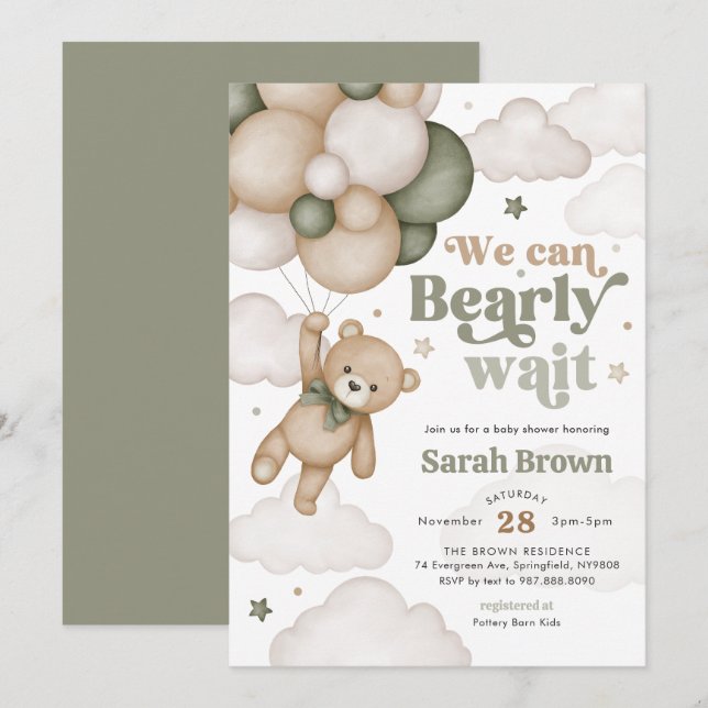 Invitation pour une Baby Shower avec un Ours Vert  (Devant / Derrière)