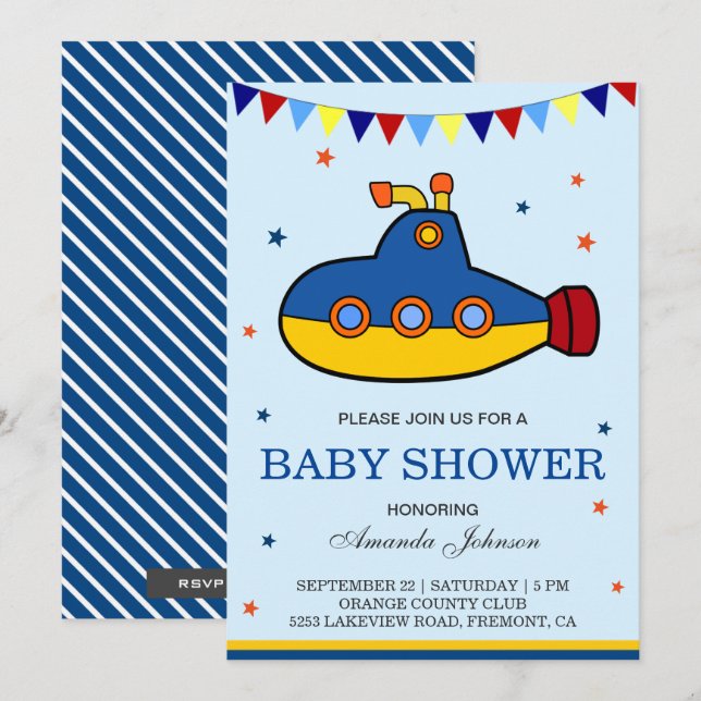 Invitation pour une baby shower avec un sous-marin (Devant / Derrière)