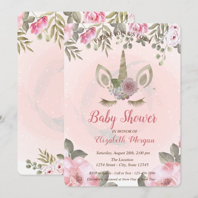 Invitation pour une baby shower avec une licorne m (Devant / Derrière)