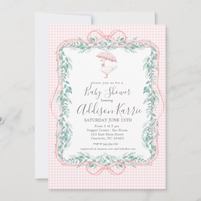 Invitation pour une baby shower avec une oie prepp (Devant)