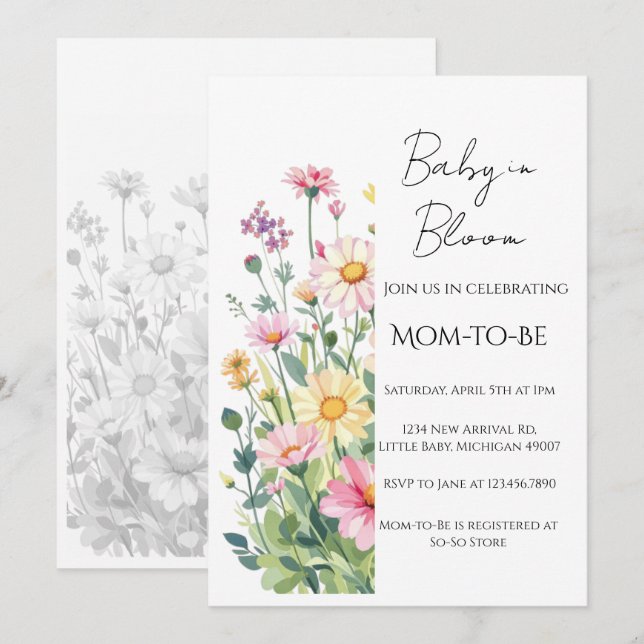 Invitation pour une baby shower - Bébé en fleurs (Devant / Derrière)