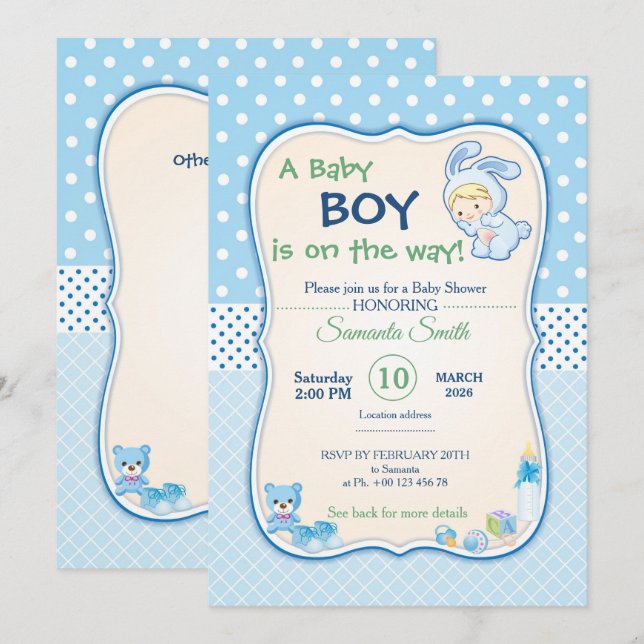 invitation pour une baby shower, c'est un garçon (Devant / Derrière)