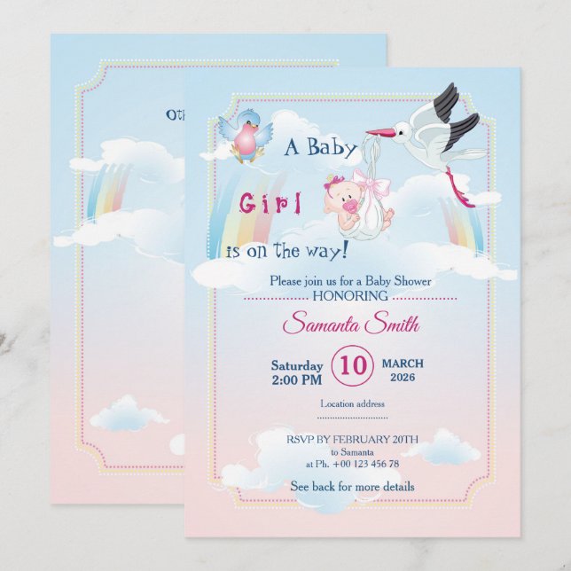 invitation pour une baby shower, c'est une fille (Devant / Derrière)