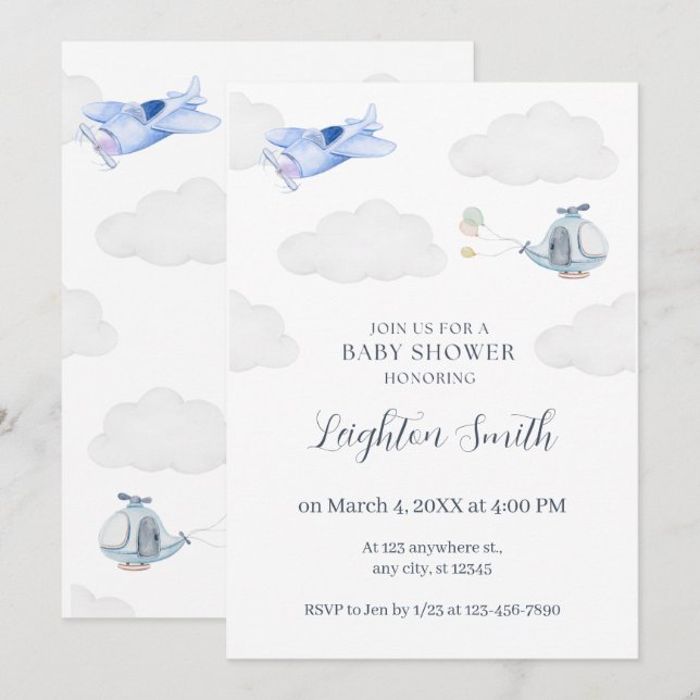 Invitation pour une baby shower d'avion (Devant / Derrière)
