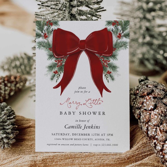 Invitation pour une Baby Shower de Noël Joyeuse (Merry Little Christmas Baby Shower Red bow and wreath)