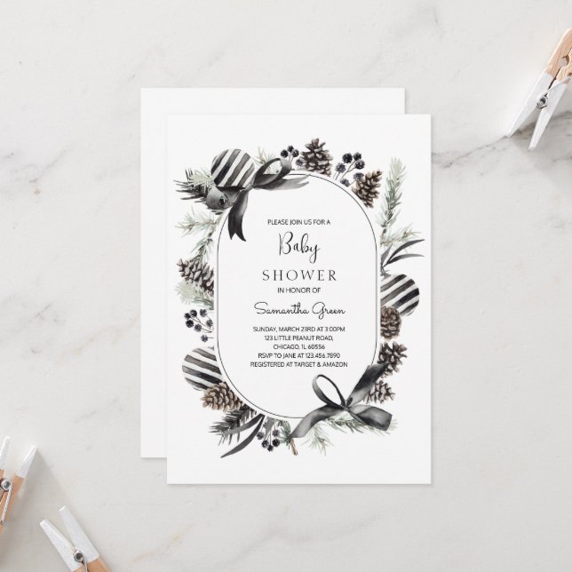 Invitation pour une Baby Shower de Noël Noir (Devant/Arrière en situation)