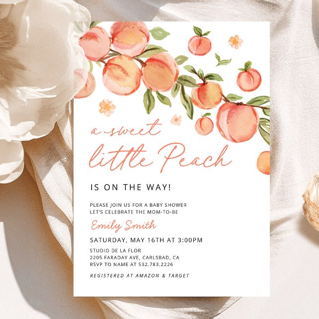 Invitation pour une Baby Shower Douce Petite Pêche (Sweet Little Peach Baby Shower Invitation, watercolor boho peach floral baby shower stationery)