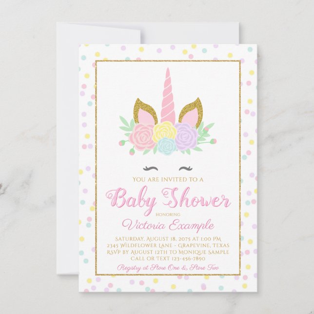 Invitation pour une baby shower Fille Licorne Face (Devant)