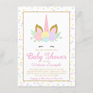 Invitation pour une baby shower Fille Licorne Face