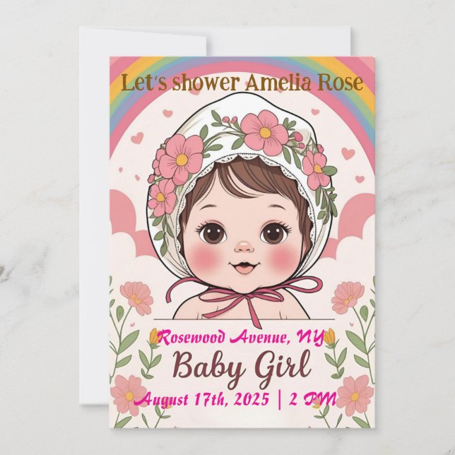 Invitation pour une Baby Shower Fille Rose (Devant)