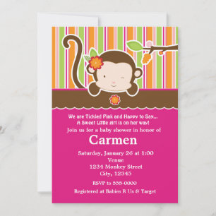 Invitation pour une Baby Shower Fille Singe Peek A