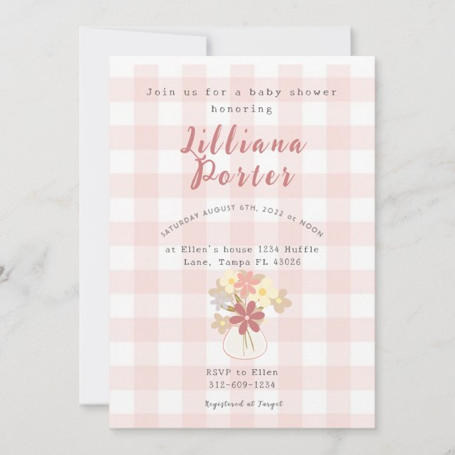 Invitation pour une Baby Shower Fleur à carreaux r (Devant)