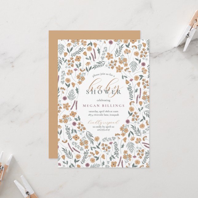 Invitation pour une baby shower fleurs sauvages -  (Devant/Arrière en situation)