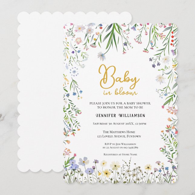 Invitation pour une baby shower florale, Bébé en f (Devant / Derrière)