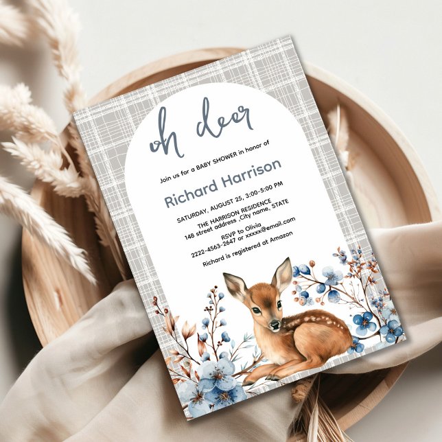 Invitation pour une baby shower : forêt rustique,  (Oh deer rustic blue florals with cute forest deer baby shower invitation, gender neutral, woodland )
