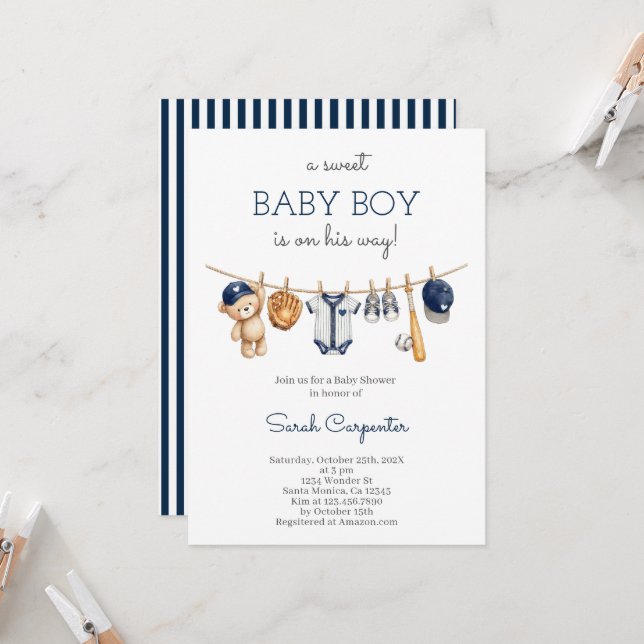 Invitation pour une Baby Shower Garçon de Baseball (Devant/Arrière en situation)