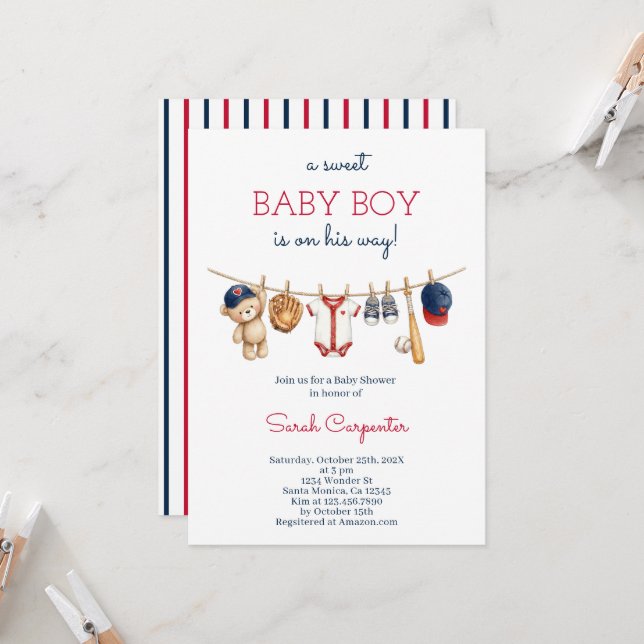 Invitation pour une Baby Shower Garçon de Baseball (Devant/Arrière en situation)
