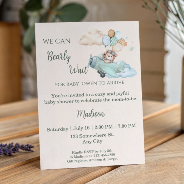 Invitation pour une Baby Shower Garçon Ourson Avia (Aviator Teddy Bear Baby Shower Invitation. Blue Boy Airplane. We Can Bearly Wait.)