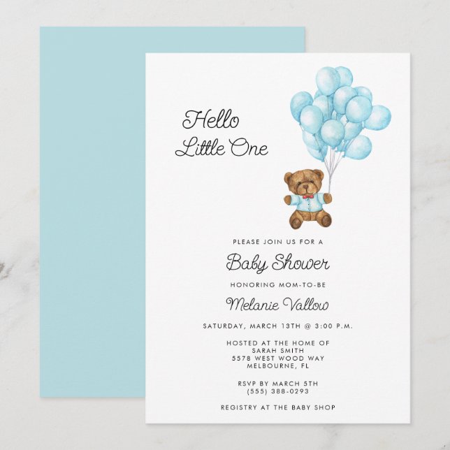 Invitation pour une Baby Shower Garçon Ourson Mign (Devant / Derrière)