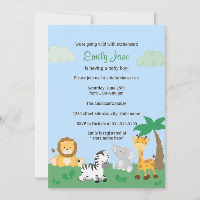 Invitation pour une Baby Shower Garçon Safari Jung (Devant)