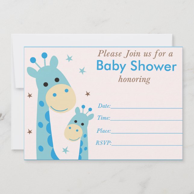 Invitation pour une baby shower girafe bleue (Devant)