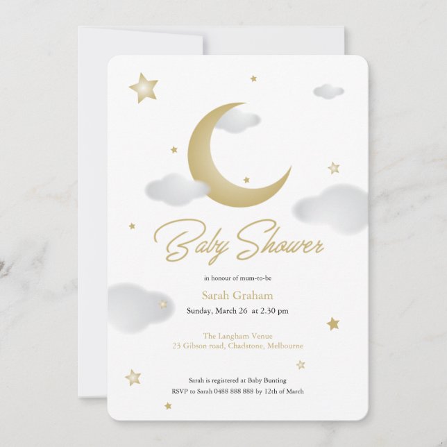 Invitation pour une baby shower lune et étoiles (Devant)