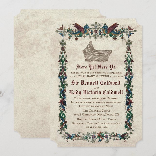 Invitation pour une Baby Shower Médiévale Renaissa (Devant / Derrière)