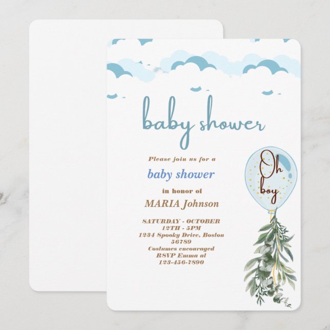 Invitation pour une Baby Shower Oh Boy Blue Balloo (Devant / Derrière)