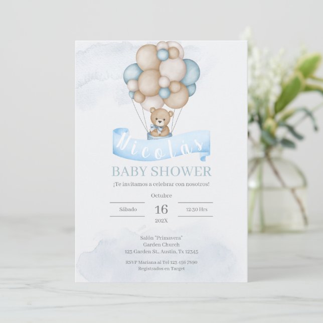 Invitation pour une baby shower Ours Bleu Espagnol (Debout devant)