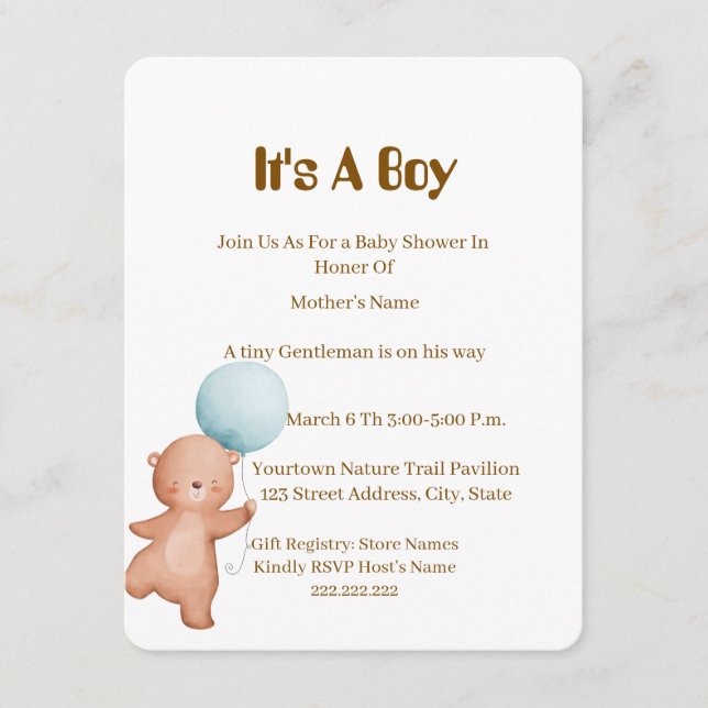 Invitation pour une Baby Shower Ourson Garçon, (Devant)