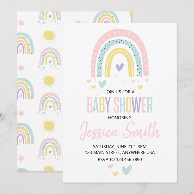 Invitation pour une baby shower pastel arc-en-ciel (Devant / Derrière)