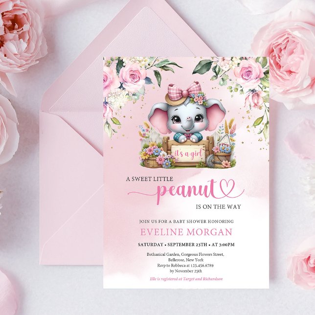 Invitation pour une baby shower : petite éléphante (Cute elephant floral girl baby shower invitation)