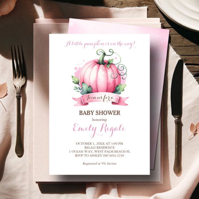 Invitation pour une baby shower sur le thème de la (Baby shower invitations girl pink watercolor pumpkin )
