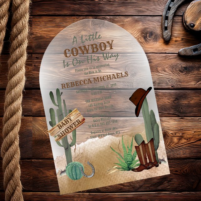 Invitation pour une Baby Shower sur le thème du Pe ("A Little Cowboy" Western Boy Baby Shower Arched Acrylic Invitation)