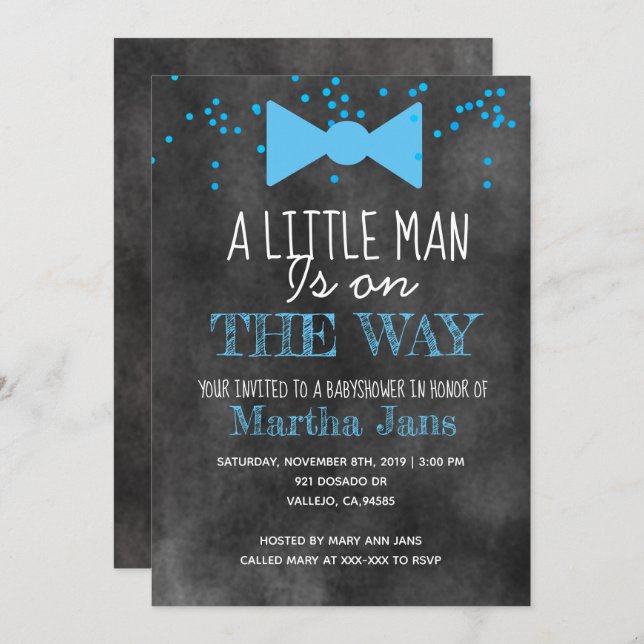 Invitation pour une baby shower thème petit homme  (Devant / Derrière)