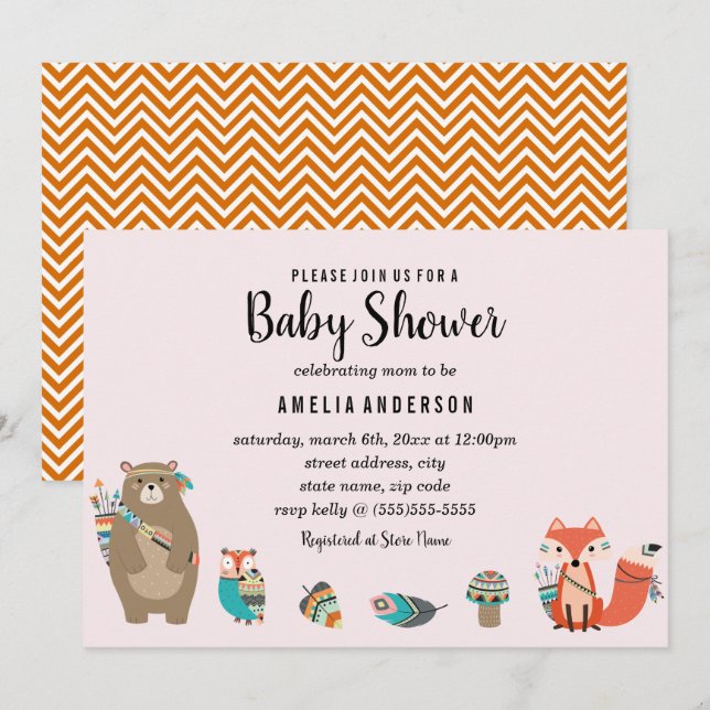 Invitation pour une Baby Shower Tribale Douce (Devant / Derrière)