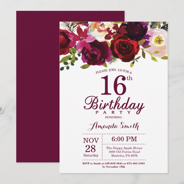 Invitation pour une fête d'anniversaire 16 ans sur (Devant / Derrière)